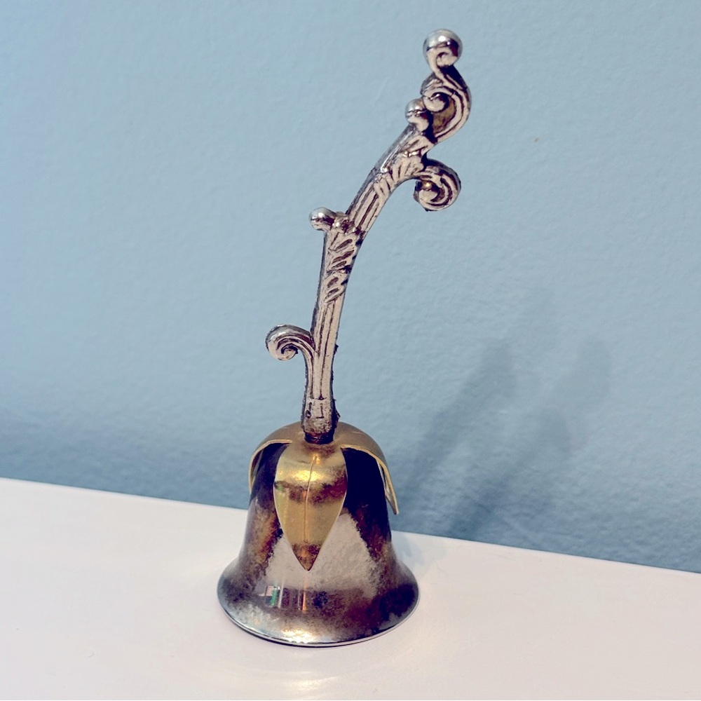 Vintage E.P. Brass Floral Hand Bell Silver Electroplated Collectible